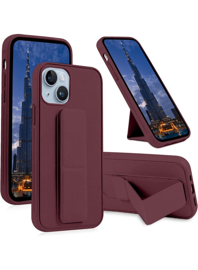 iPhone 15 Cover Maroon Magnetic Car Mount Kickstand & Holder, Premium Silicone Vertical & Horizontal Hand Strap and Grip with Multi Stand (Maroon) - Image 1