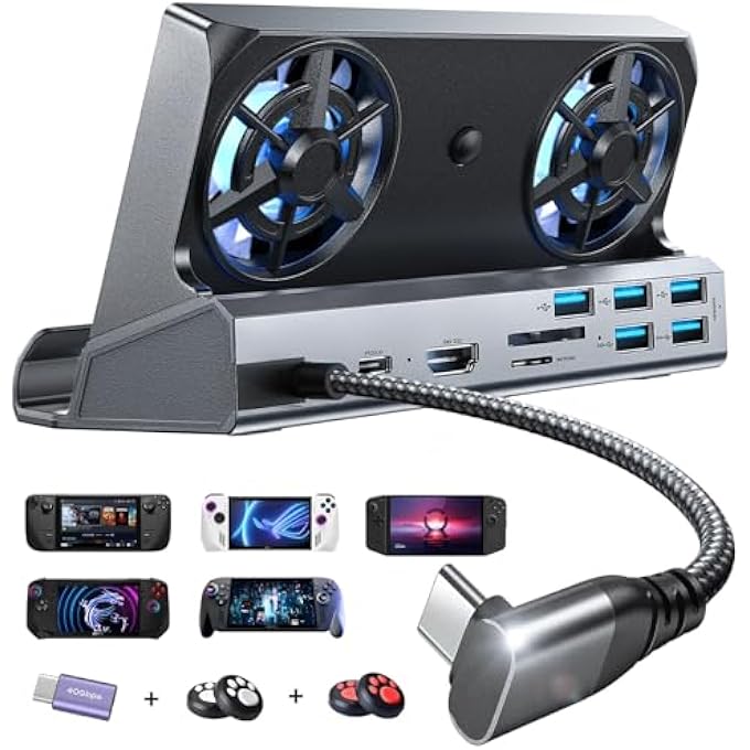 rayihni محطة إرساء 10 في 1 لجهاز ستيم ديك OLED و ROG ألي و ليجion GO، مروحة تبريد مزدوجة، 5 منافذ USB و 4K@60HZ، منفذ شحن 100W يدعم وضع ROG ألي 30W، إيثرنت جيجابت مناسب لجهاز ستيم ديك OLED - Image 1