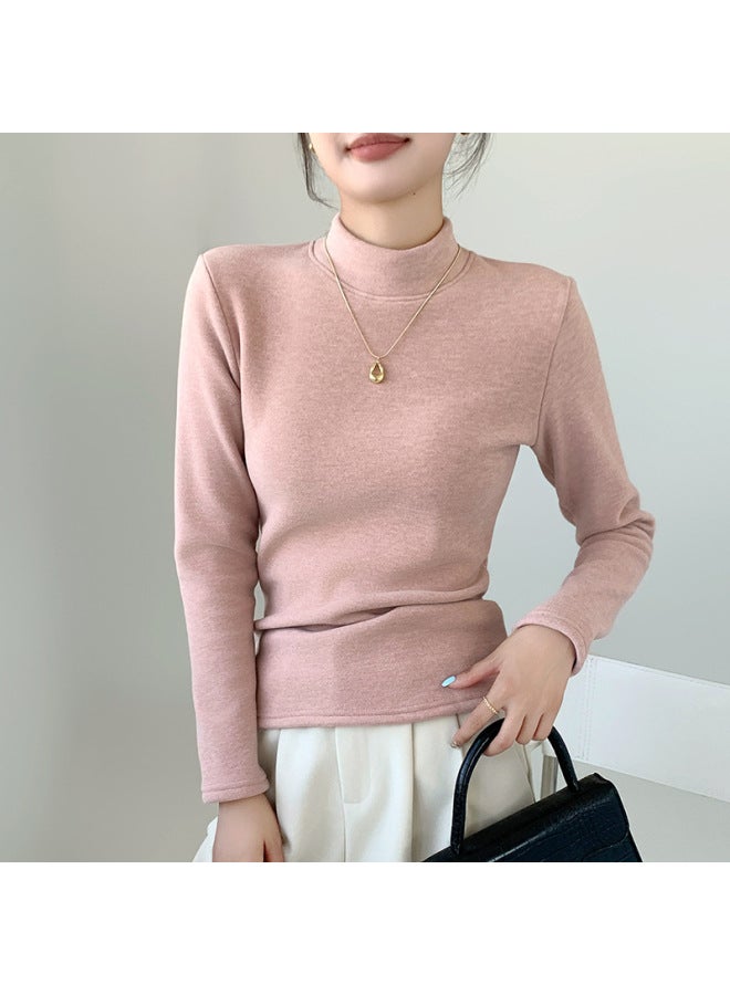 Coconut Fleece Semi-turtleneck Base Layer Women's Autumn Winter Slim Fit Fleece Lined Thickened Windproof Warm Long Sleeve Top - Image 1
