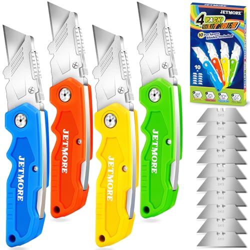 JETMORE Utility Knife, Paper Roll Cutter, 4 Pcs Colorful Box Cutter with 10 SK5 Blades, Navajas Para Trabajo, Folding Utility Knife with Clip, Razor Knife for Cardboard, Carpet, Paper Roll, Box Opener - Image 1