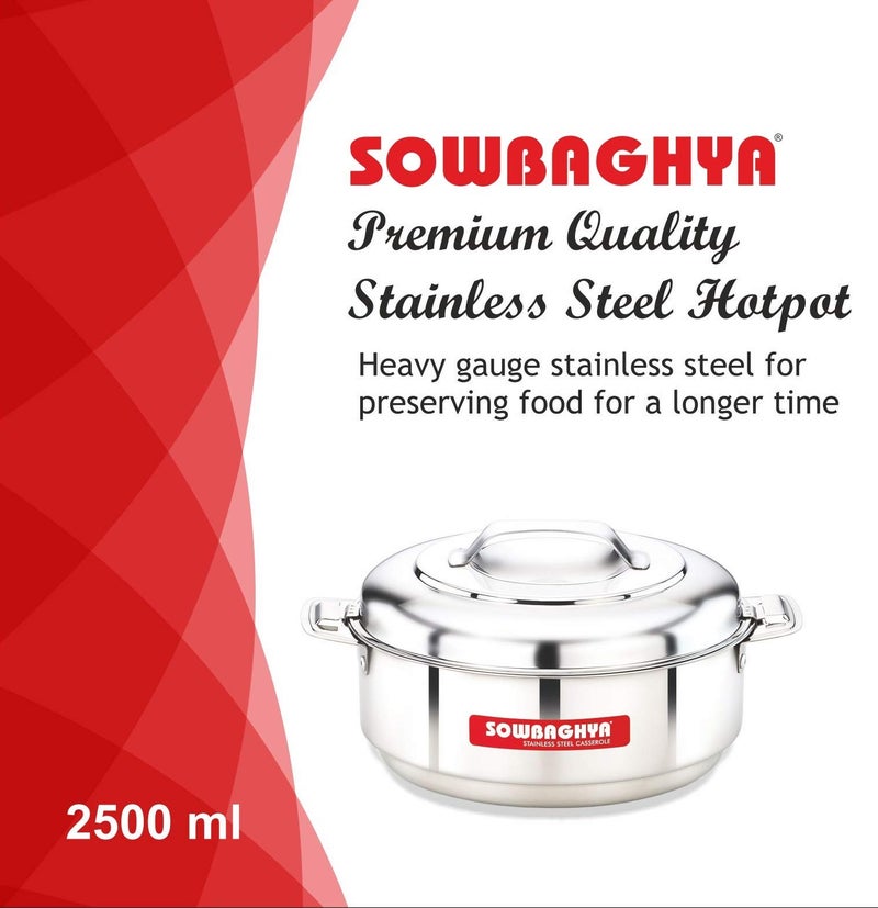 SOWBAGHYA Stainless Steel Casserole - 2500 ml, Silver Stainless Steel Solid Casserole | Hot Pot for Meal chapati Curry roti | Dishwasher Safe | Keeps Food Hot & Cold for Long Hours, Food Grade - Image 2