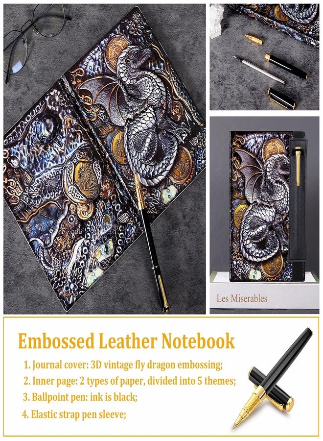 FEIDIAO Vintage Embossed Leather Notebook Flying Dragon DND Travel Journal A5 Daily with Ballpoint Pen and Pen Sleeve,PU Leather Journal,Writing Notebook Gift for Men&Women(Dragon) - Image 4
