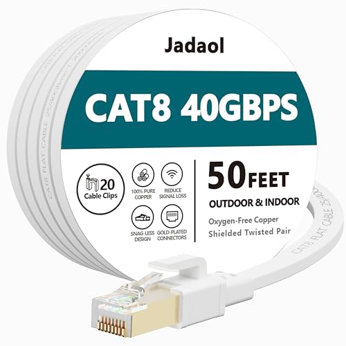 Jadaol Cat 8 Ethernet Cable 50 ft, 40Gbps 2000MHz Flat RJ45 S/FTP LAN Patch Cable, High-Speed Cat8 Network Cable for Router, Modem, Switch, Gaming Consoles, PC, Home Network & Streaming Devices, White - Image 1