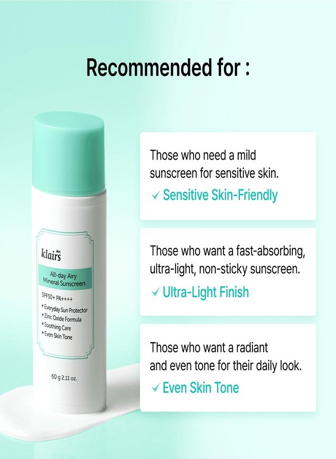 DearKlairs All-Day Airy Mineral Sunscreen SPF50+ PA++++ (60g) | Korean Mineral Sunscreen with Zinc Oxide & Niacinamide | Natural Tone Up, Broad Spectrum UV Protection, Sebum & Oil Control - Image 5