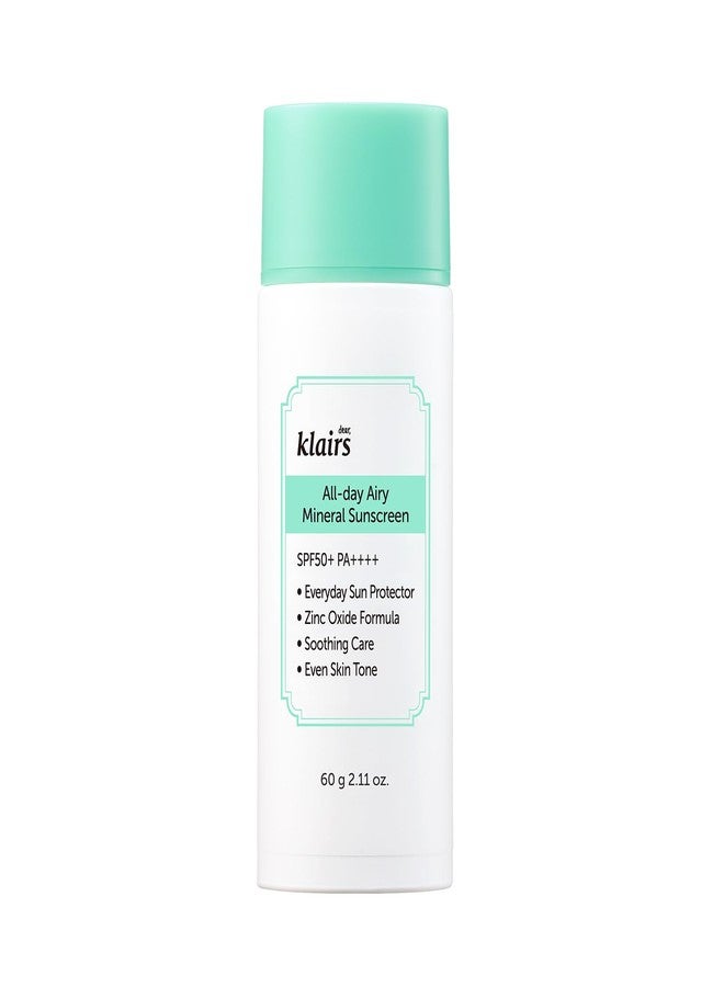DearKlairs All-Day Airy Mineral Sunscreen SPF50+ PA++++ (60g) | Korean Mineral Sunscreen with Zinc Oxide & Niacinamide | Natural Tone Up, Broad Spectrum UV Protection, Sebum & Oil Control - Image 1