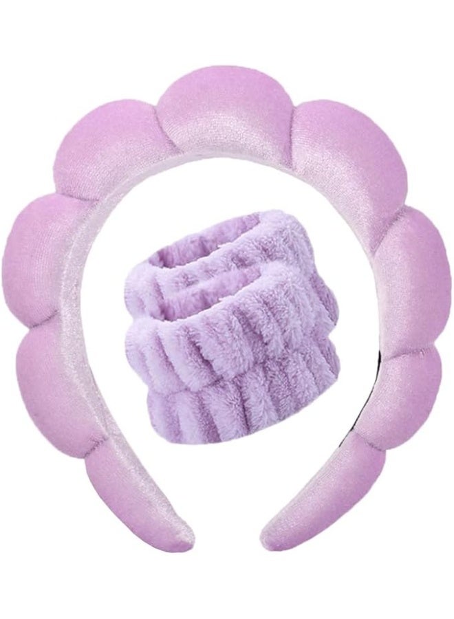 Headband and Wristband Set for Women, Purple Terry Cloth & Sponge for Face Washing, Makeup, Skincare - Image 1