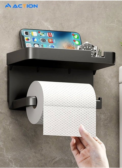 Toilet Paper Holder with Phone Shelf, Self Adhesive or Screw Wall Mount Toilet Tissue Roll Holder, Multifunctional Bathroom Washroom Tissue Roll Holder with Shelf, Toilet Paper Roll Dispenser-Grey