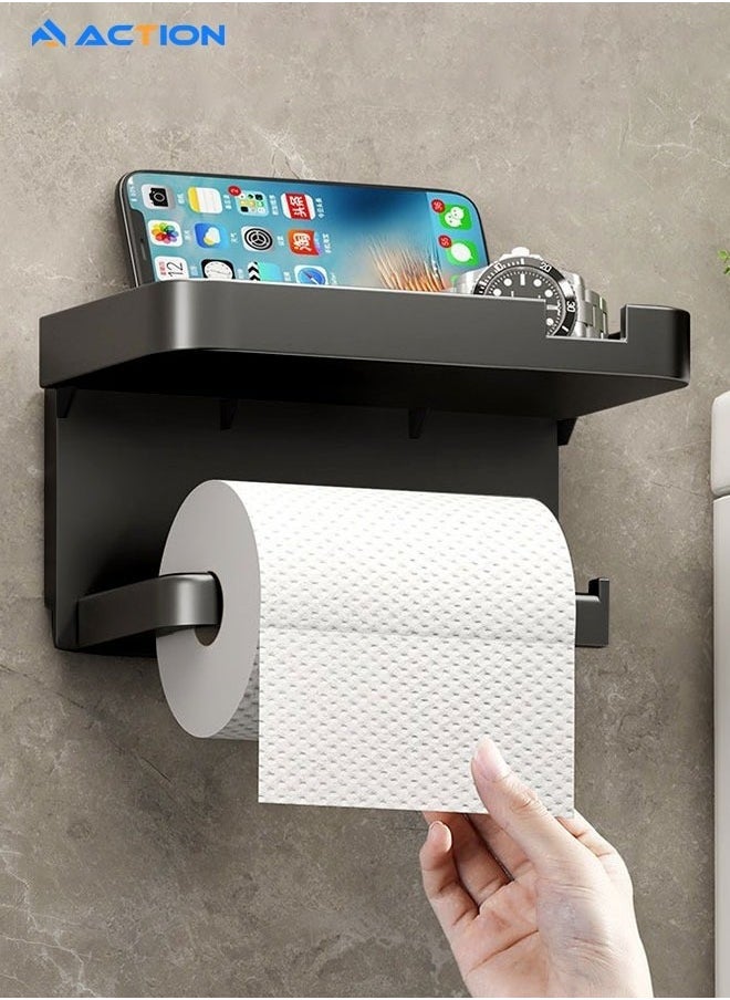 ACTION Toilet Paper Holder with Phone Shelf, Self Adhesive or Screw Wall Mount Toilet Tissue Roll Holder, Multifunctional Bathroom Washroom Tissue Roll Holder with Shelf, Toilet Paper Roll Dispenser-Grey  - Image 1