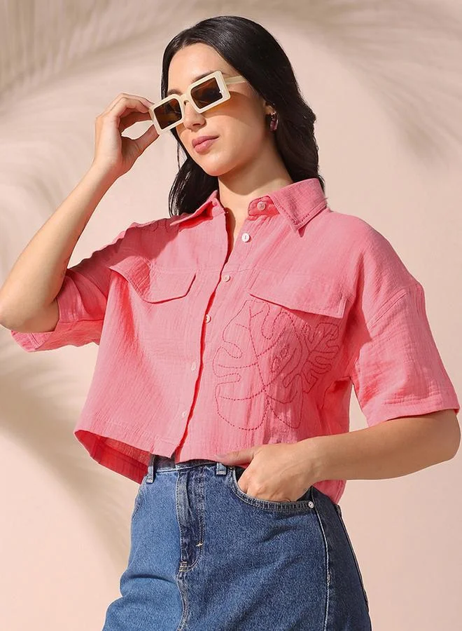 Dennis Lingo Women's Pink 100% Cotton Solid Pattern Button Down Relaxed Shirt