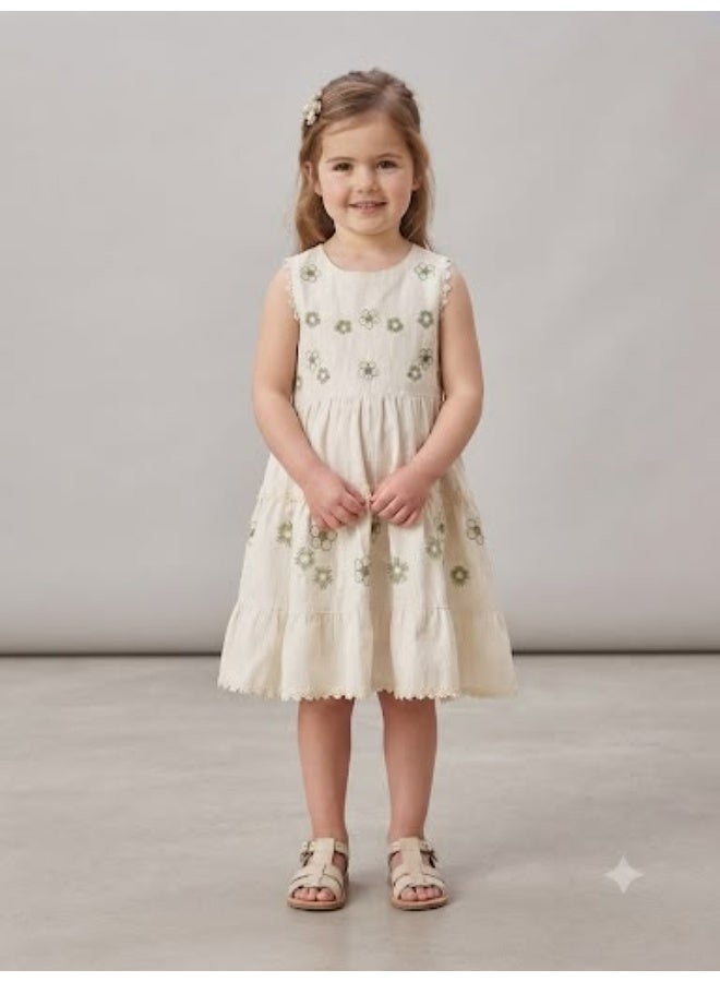 Raji girls' sleeveless dress, embroidered with olive green and cream-colored flowers - Image 1