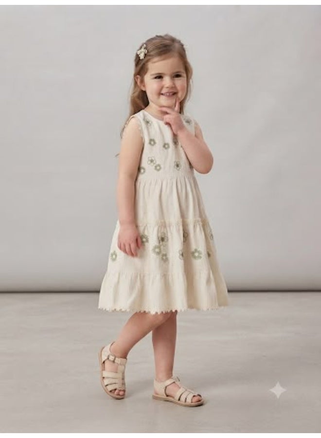 Raji girls' sleeveless dress, embroidered with olive green and cream-colored flowers - Image 2