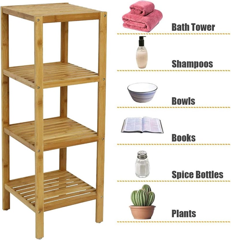 AsolBD Bamboo Shelf, 100% Bamboo Tower Multifunctional Storage Rack Shelving, Standing Organizer Unit, Utility Shelf Adjustable for Laundry Pantry Kitchen Bathroom Narrow Places (Natural, 4 Tier) - Image 4