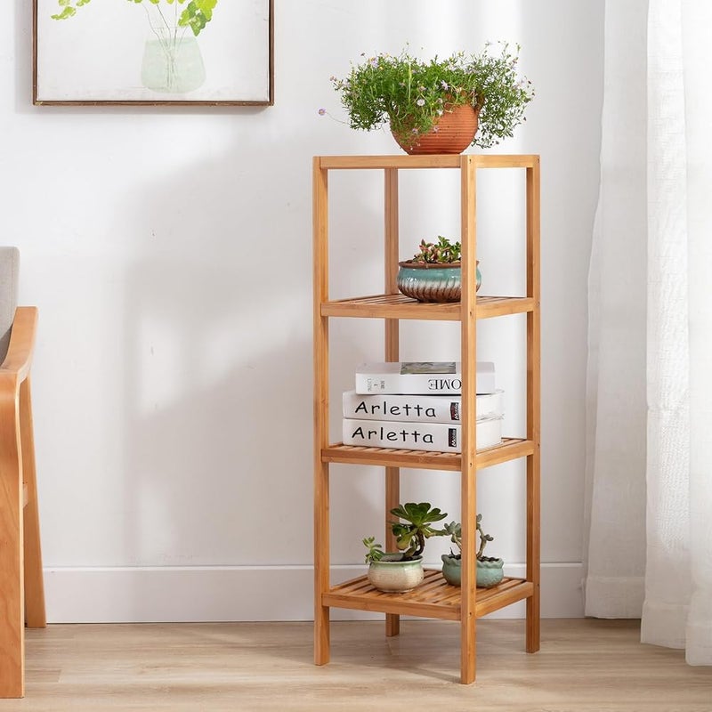 AsolBD Bamboo Shelf, 100% Bamboo Tower Multifunctional Storage Rack Shelving, Standing Organizer Unit, Utility Shelf Adjustable for Laundry Pantry Kitchen Bathroom Narrow Places (Natural, 4 Tier) - Image 1