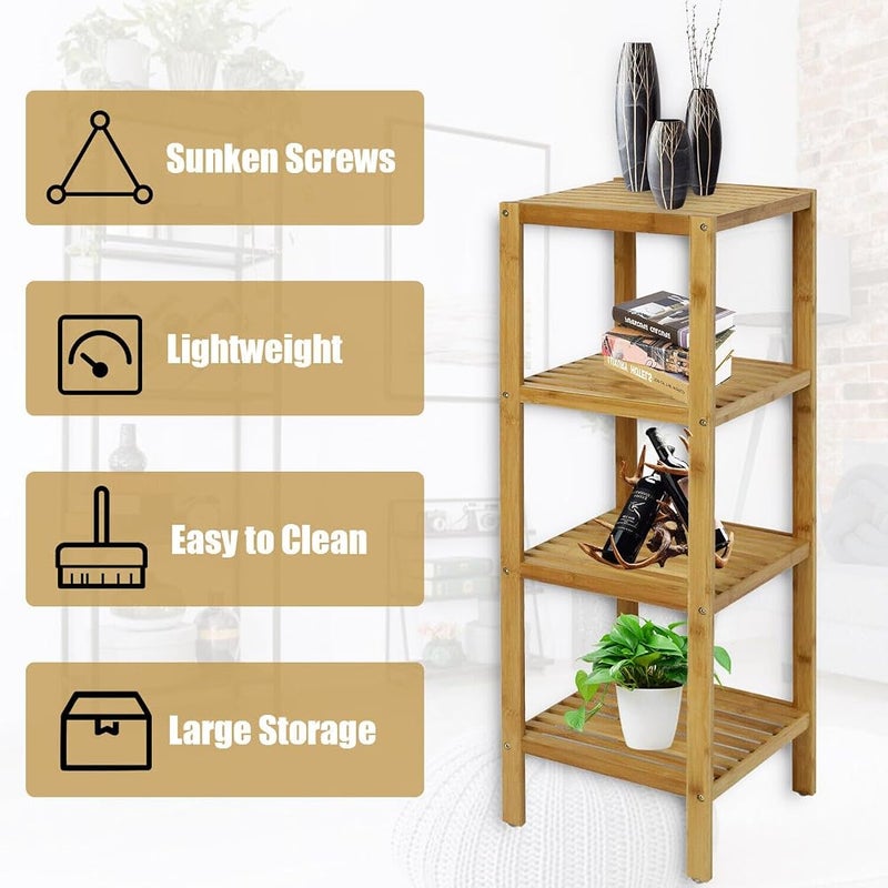 AsolBD Bamboo Shelf, 100% Bamboo Tower Multifunctional Storage Rack Shelving, Standing Organizer Unit, Utility Shelf Adjustable for Laundry Pantry Kitchen Bathroom Narrow Places (Natural, 4 Tier) - Image 3