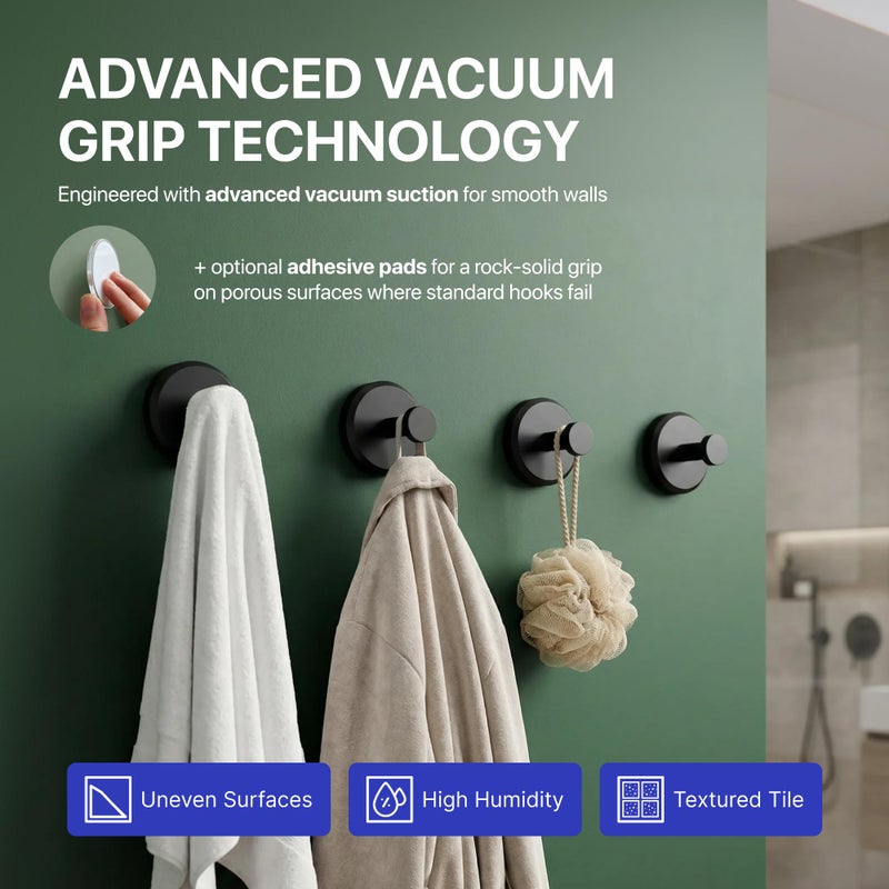 HOME SO Suction Cup Hooks for Shower & Bathroom Towel Holder 4-Pack â€“ Suction Cups Hooks for Hanging Towels, Robes, & Coats - Tiles, Glass Door or Mirror â€“ Shower Hooks & Towel Hooks Organizer - Black - Image 2