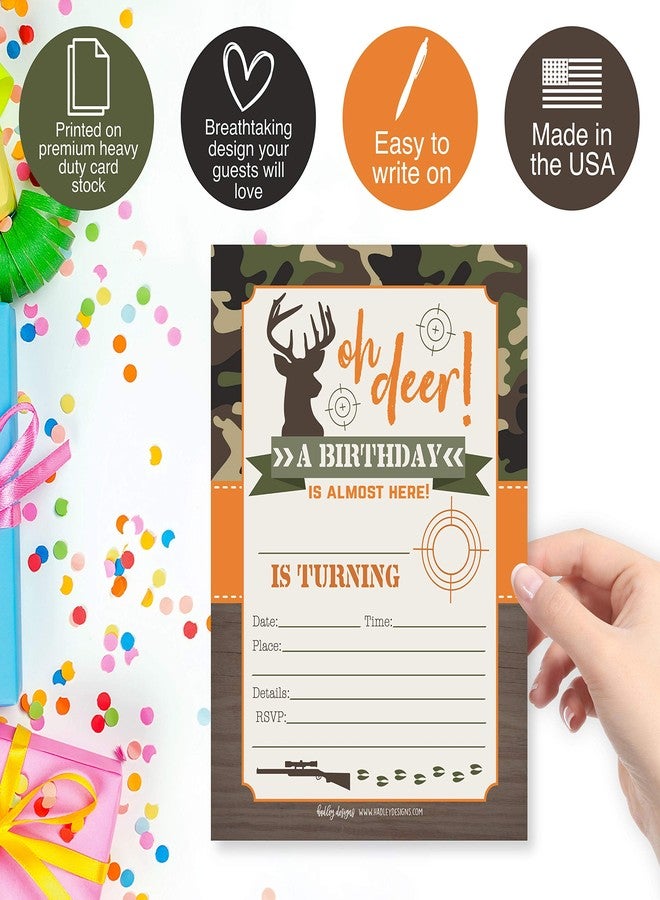 هادلي ديزاينز تصاميم هادلي لدعوات أعياد ميلاد الأطفال - تصميم مموه - 25 دعوة لحفلة عيد ميلاد بطابع صيد الغزلان للأولاد، دعوات مموهة لحفلة "يا غزال" للأولاد، لوازم حفلات صيد لطيفة، صنع في الولايات المتحدة الأمريكية - Image 4