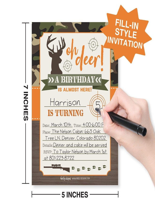 هادلي ديزاينز تصاميم هادلي لدعوات أعياد ميلاد الأطفال - تصميم مموه - 25 دعوة لحفلة عيد ميلاد بطابع صيد الغزلان للأولاد، دعوات مموهة لحفلة "يا غزال" للأولاد، لوازم حفلات صيد لطيفة، صنع في الولايات المتحدة الأمريكية - Image 2