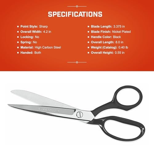 Wiss Crescent Wiss 8-1/8" Industrial Bent Trimmers - Heavy Duty Scissors Cutting Tool for Sewing Fabric, Carpet, Drapery, Upholstery - Professional Shears - 428N - Image 5