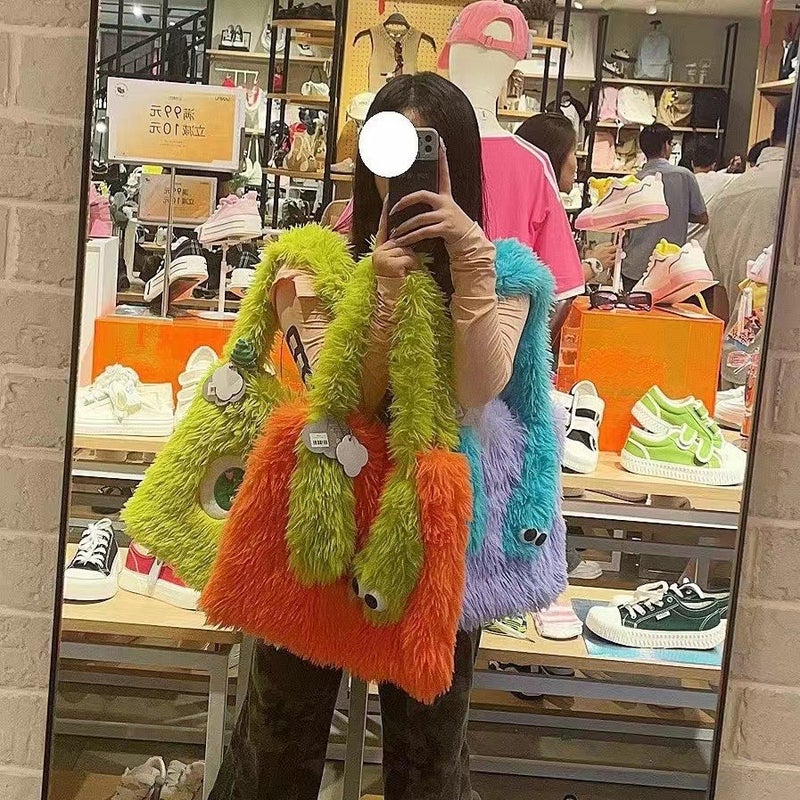 2023 New Color Matching Mohair Monster Shoulder Bag Cute Funny Handbag Funny Ugly Cute Plush Bag - Image 2