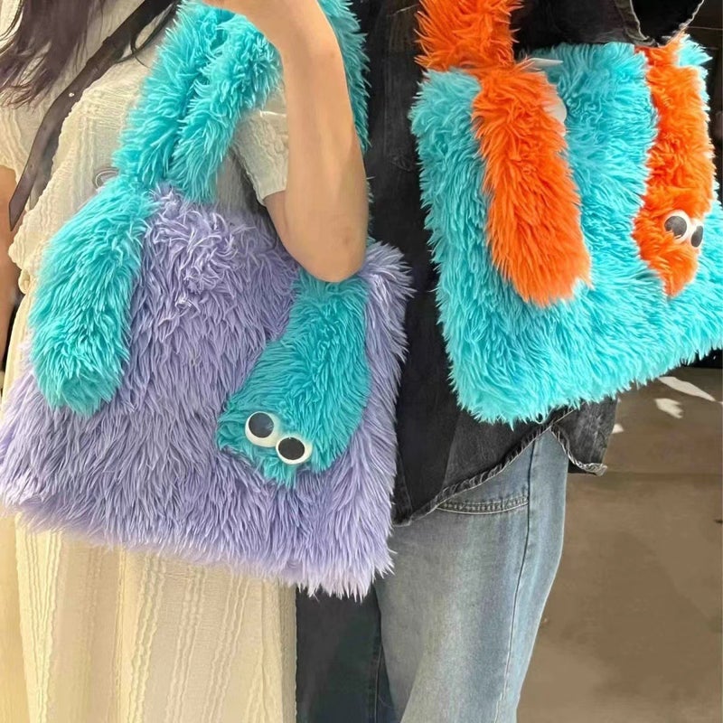 2023 New Color Matching Mohair Monster Shoulder Bag Cute Funny Handbag Funny Ugly Cute Plush Bag - Image 5