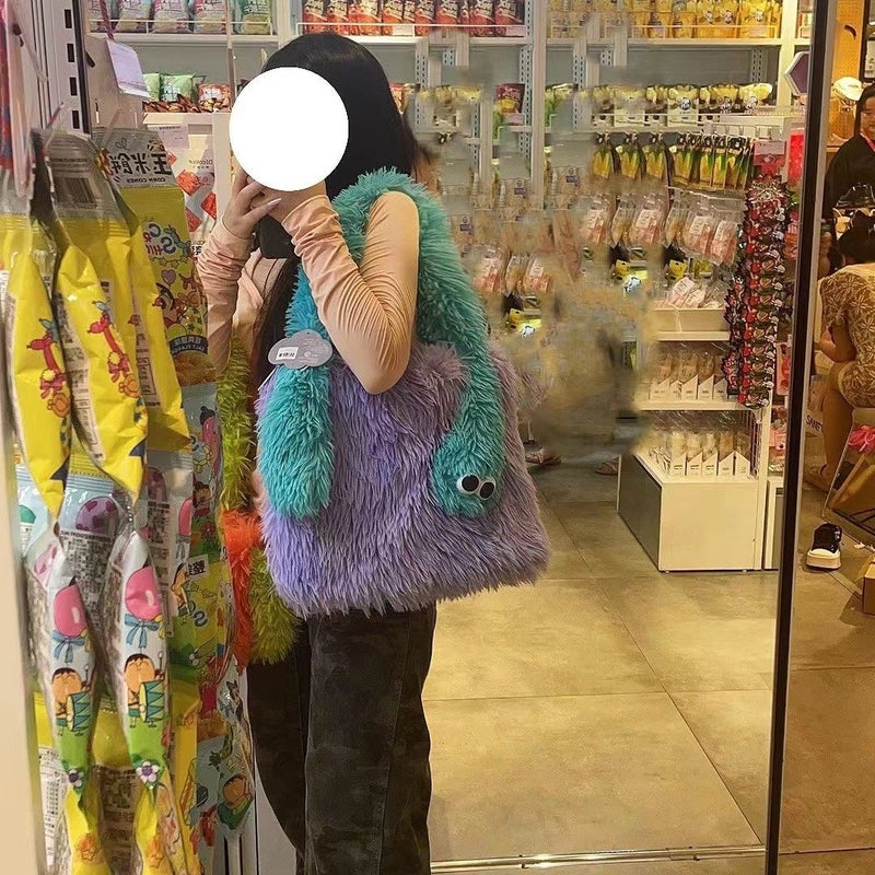 2023 New Color Matching Mohair Monster Shoulder Bag Cute Funny Handbag Funny Ugly Cute Plush Bag - Image 3