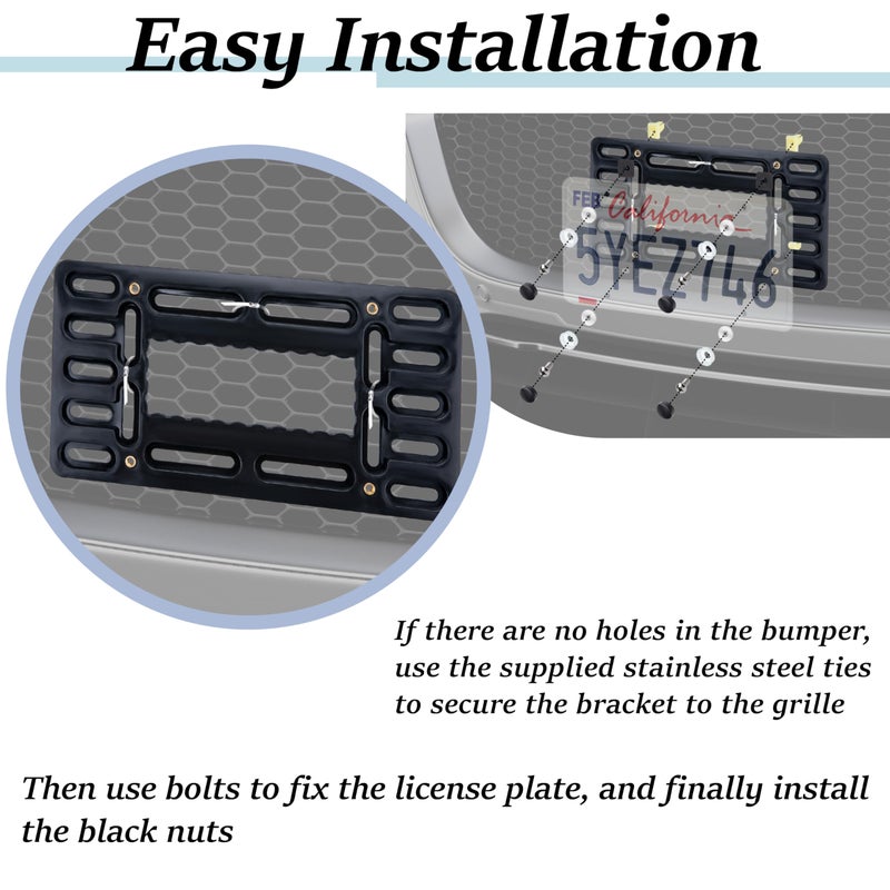 ecocstm License Plate Bracket Holder, Front License Plate Bracket, No Drill Front Plate Mount, Licenses Plates Brackets Bumper, Car Frame Mount Adapter with Stainless Steel Screw Cap, Cable Ties - Image 3