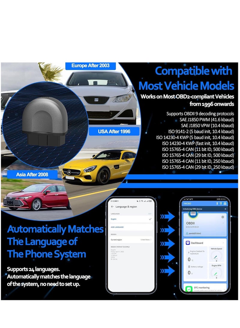 SYOSI OBD2 Bluetooth Car Scanner Adapter, Wireless OBD II Diagnostic Scan Tools for iPhone & Android, Enhanced Vehicle Code Readers with All System Scan, Live Data, Freeze Frame, Performance Test - Image 4
