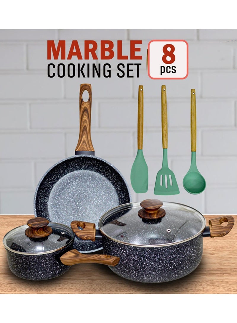 سويت هوم طقم أواني طهي رخامية غير لاصقة – 8 قطع – مقابض خشبية الملمس مقاومة للحرارة مع أغطية زجاجية شفافة - Image 1