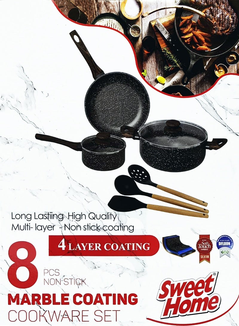 سويت هوم طقم أواني طهي رخامية غير لاصقة – 8 قطع – مقابض خشبية الملمس مقاومة للحرارة مع أغطية زجاجية شفافة - Image 2