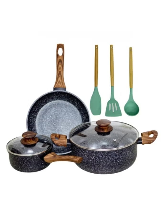 سويت هوم طقم أواني طهي رخامية غير لاصقة – 8 قطع – مقابض خشبية الملمس مقاومة للحرارة مع أغطية زجاجية شفافة - Image 3