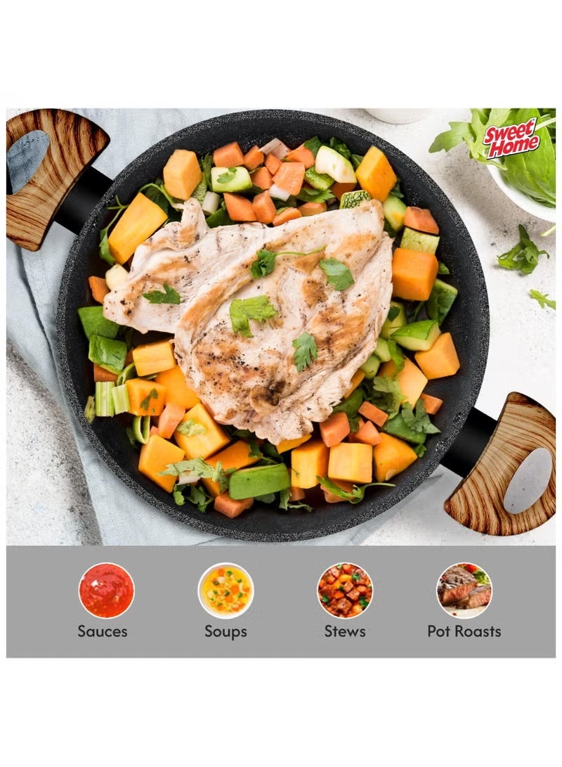 سويت هوم طقم أواني طهي رخامية غير لاصقة – 8 قطع – مقابض خشبية الملمس مقاومة للحرارة مع أغطية زجاجية شفافة - Image 4