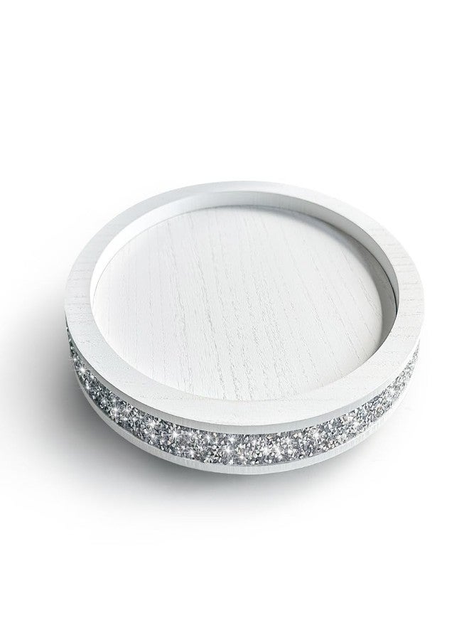 Pibeyer 12 inch Round Wood Tray, Acrylic Diamond Decoration, Decorative Tray for Living Room, Coffee Table or Kitchen Table Service Tray, White - Image 2