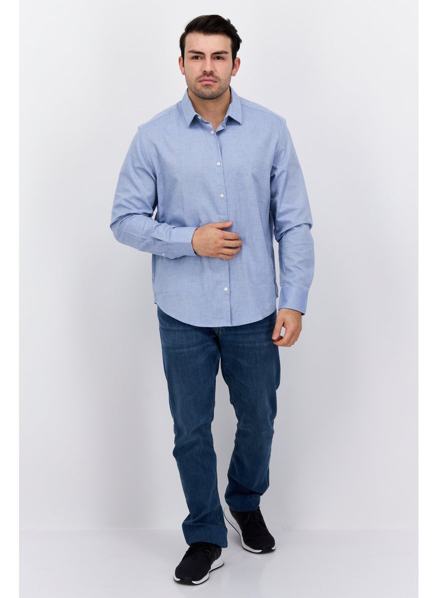 Algspar - Men Regular Fit Long Sleeve Chambray Casual Shirts, Light Blue - Image 1