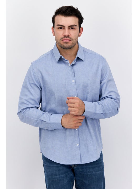 Men Regular Fit Long Sleeve Chambray Casual Shirts, Light Blue
