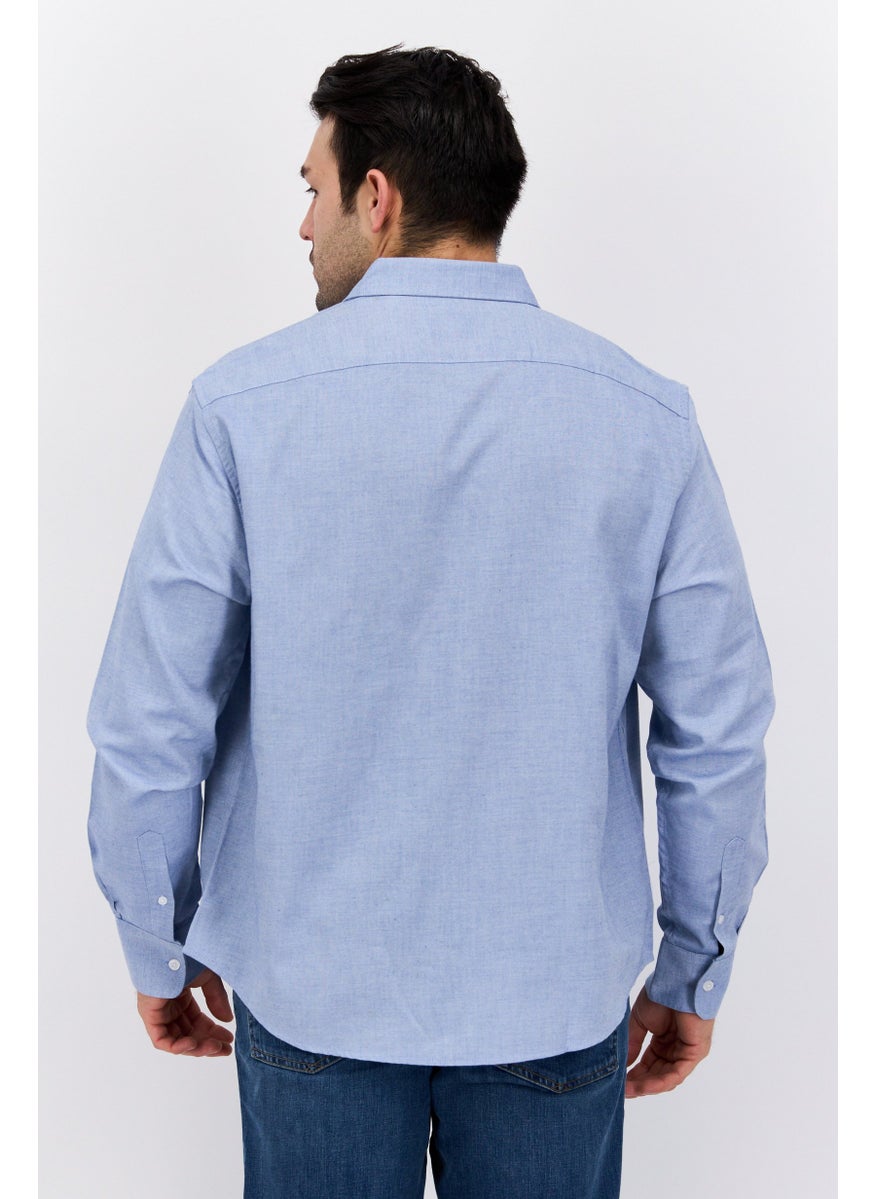 Algspar - Men Regular Fit Long Sleeve Chambray Casual Shirts, Light Blue - Image 1