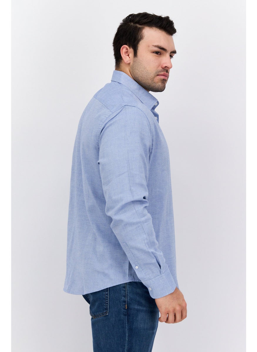 Algspar - Men Regular Fit Long Sleeve Chambray Casual Shirts, Light Blue - Image 1