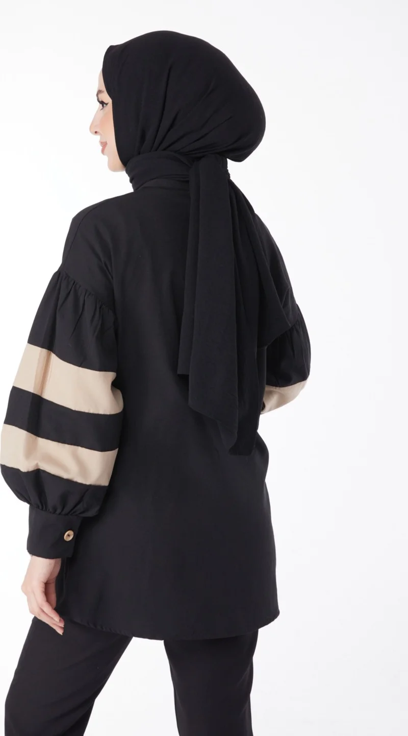 Tofisa Plain Shirt Collar Women's Black Balloon Sleeve Garnish Tunic - 13158