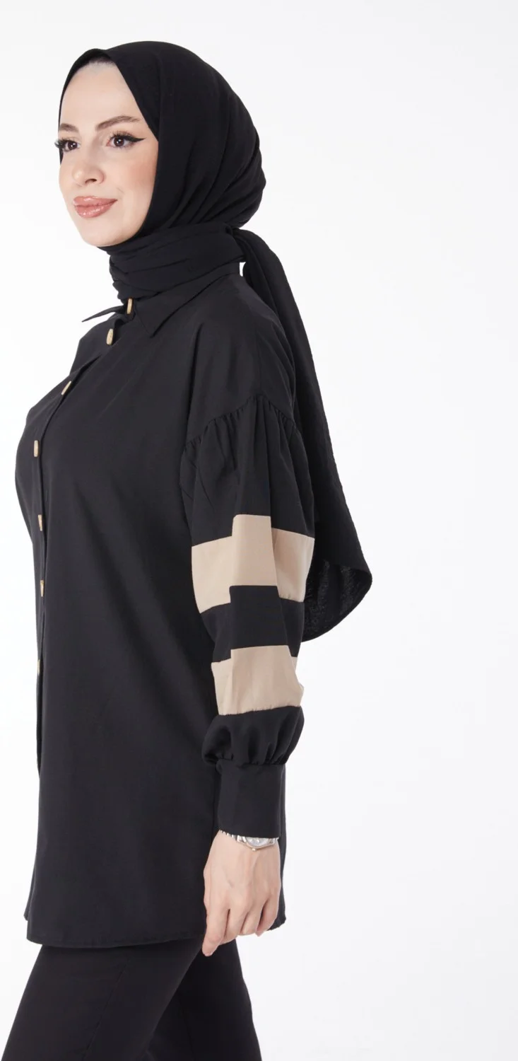 Tofisa Plain Shirt Collar Women's Black Balloon Sleeve Garnish Tunic - 13158