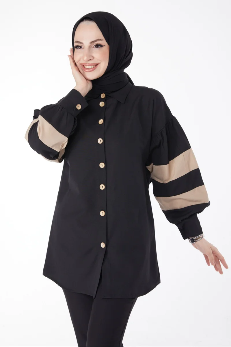 Tofisa Plain Shirt Collar Women's Black Balloon Sleeve Garnish Tunic - 13158