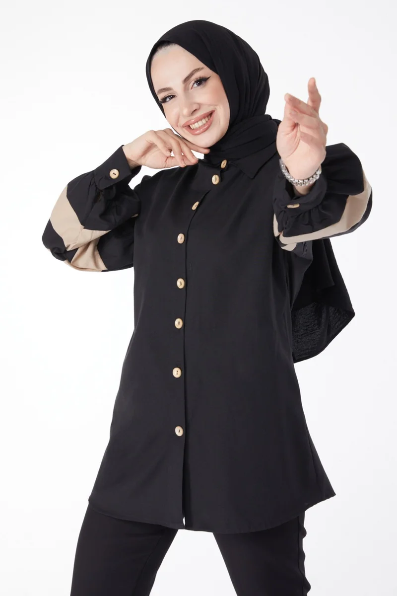 Tofisa Plain Shirt Collar Women's Black Balloon Sleeve Garnish Tunic - 13158