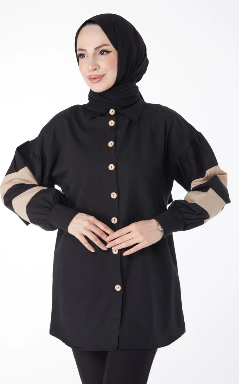 Tofisa Plain Shirt Collar Women's Black Balloon Sleeve Garnish Tunic - 13158