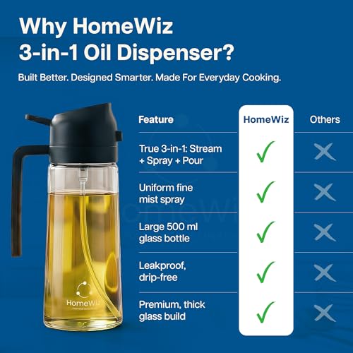 HomeWiz 3-in-1 Oil Dispenser Glass Bottle 500 ml | Stream, Spray & Pour Oil Sprayer for Cooking & Salad | Precision Spray Bottle for Kitchen & Vinegar | Leakproof Dispenser | Black - Image 3