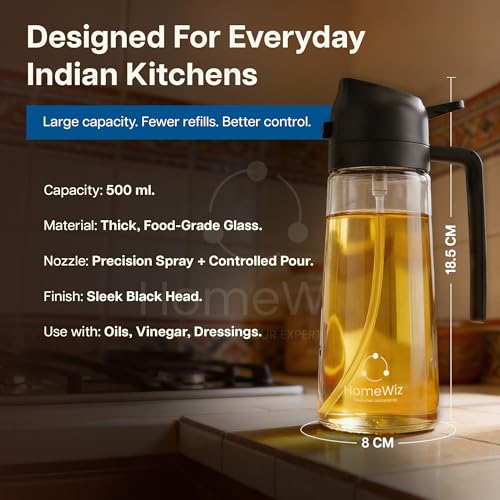 HomeWiz 3-in-1 Oil Dispenser Glass Bottle 500 ml | Stream, Spray & Pour Oil Sprayer for Cooking & Salad | Precision Spray Bottle for Kitchen & Vinegar | Leakproof Dispenser | Black - Image 2