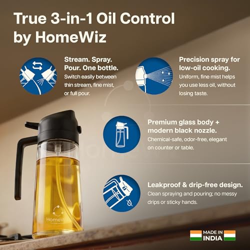HomeWiz 3-in-1 Oil Dispenser Glass Bottle 500 ml | Stream, Spray & Pour Oil Sprayer for Cooking & Salad | Precision Spray Bottle for Kitchen & Vinegar | Leakproof Dispenser | Black - Image 4