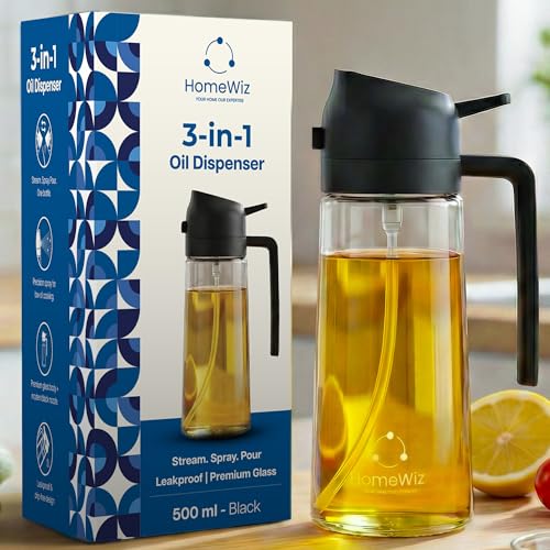 HomeWiz 3-in-1 Oil Dispenser Glass Bottle 500 ml | Stream, Spray & Pour Oil Sprayer for Cooking & Salad | Precision Spray Bottle for Kitchen & Vinegar | Leakproof Dispenser | Black - Image 1