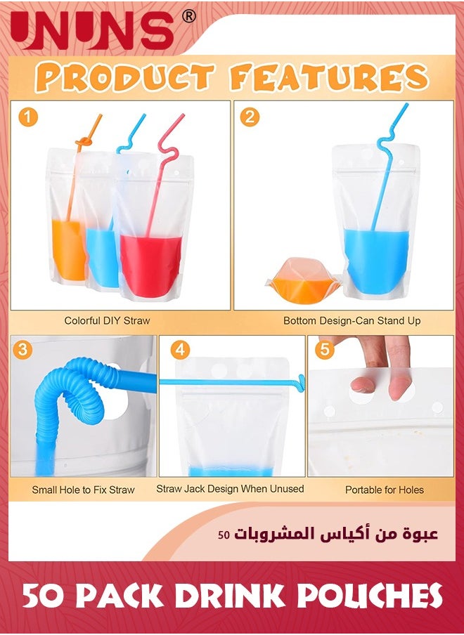 UNUNS Drink Pouches With Straws,50 Pack Clear Plastic Juice Pouches For Adults And Kids,Disposable Drink Bags Stand Up Zipper Drinking Pouches For Smoothie Juice Coffee Tea,Birthday Party Favor  - Image 1