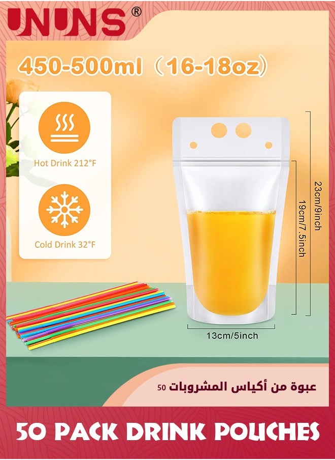 UNUNS Drink Pouches With Straws,50 Pack Clear Plastic Juice Pouches For Adults And Kids,Disposable Drink Bags Stand Up Zipper Drinking Pouches For Smoothie Juice Coffee Tea,Birthday Party Favor  - Image 3