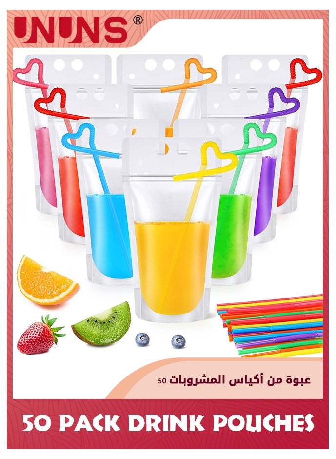 UNUNS Drink Pouches With Straws,50 Pack Clear Plastic Juice Pouches For Adults And Kids,Disposable Drink Bags Stand Up Zipper Drinking Pouches For Smoothie Juice Coffee Tea,Birthday Party Favor - Image 1