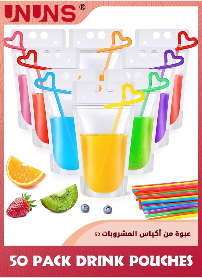 UNUNS Drink Pouches With Straws,50 Pack Clear Plastic Juice Pouches For Adults And Kids,Disposable Drink Bags Stand Up Zipper Drinking Pouches For Smoothie Juice Coffee Tea,Birthday Party Favor  - Image 1