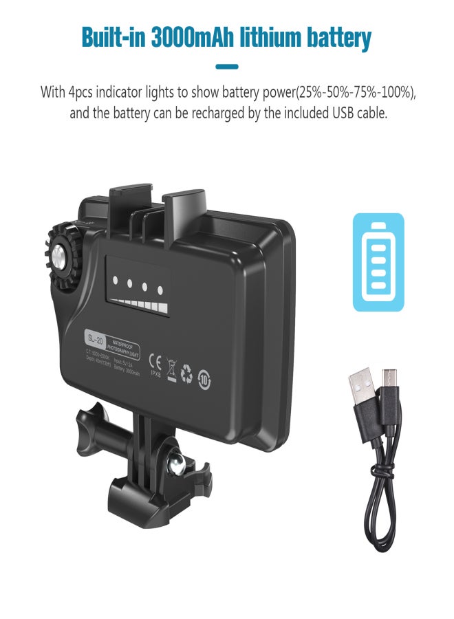 أندوير SL-20 مصباح فيديو LED مقاوم للماء RGB مزود بـ 8 أوضاع إضاءة CRI95+ قابل للتعتيم IPX8 تحت الماء 40 متر بطارية مدمجة قابلة لإعادة الشحن للغوص والغطس والتصوير الفوتوغرافي تحت الماء - Image 2